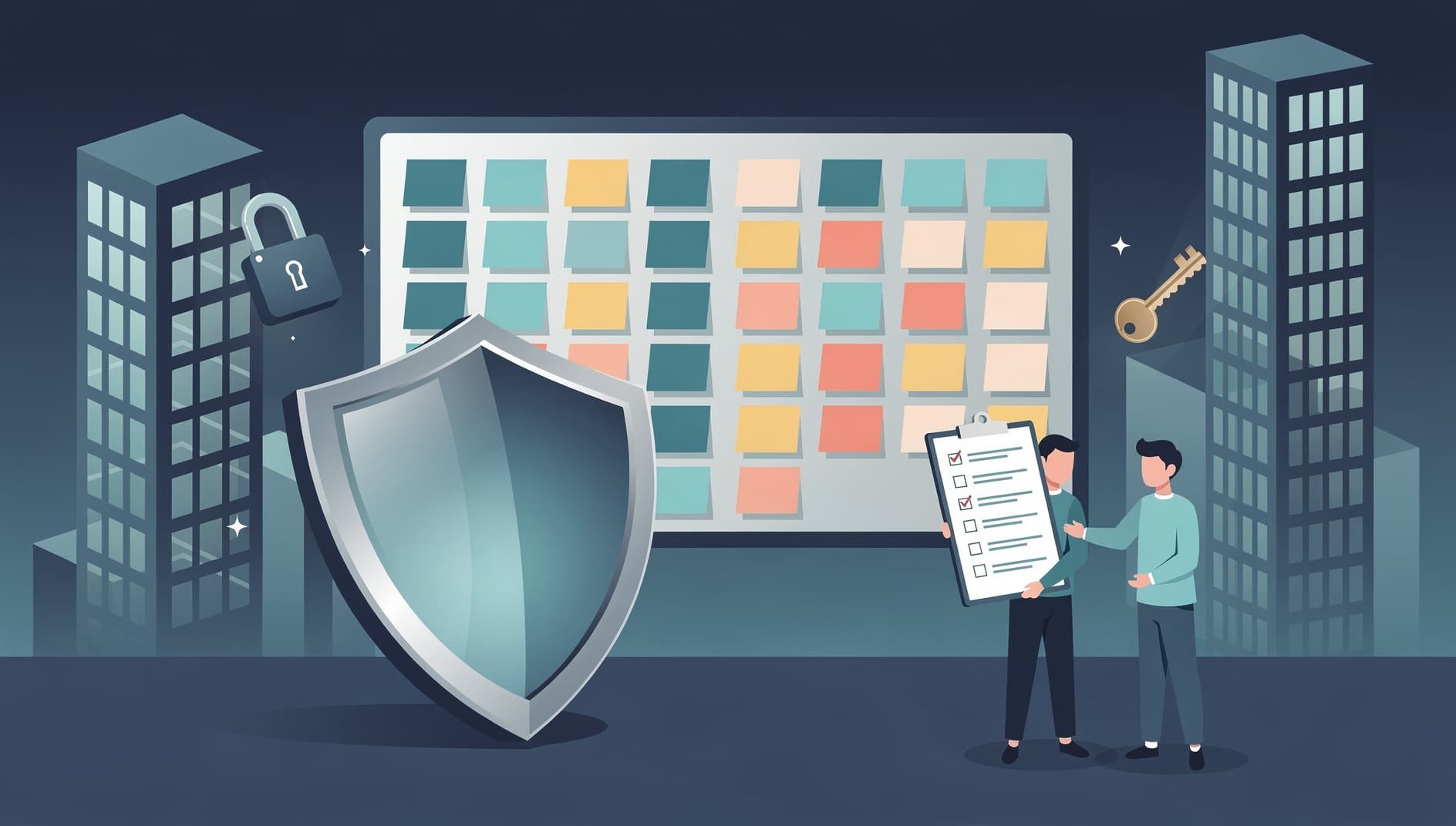 A protective shield in front of a retrospective board, with a security checklist and office towers