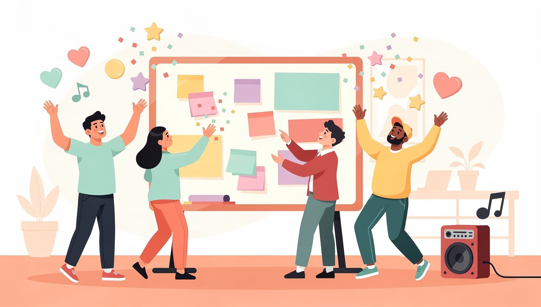 A joyful team celebrating around a colorful retro board with confetti, stamps, and a music speaker