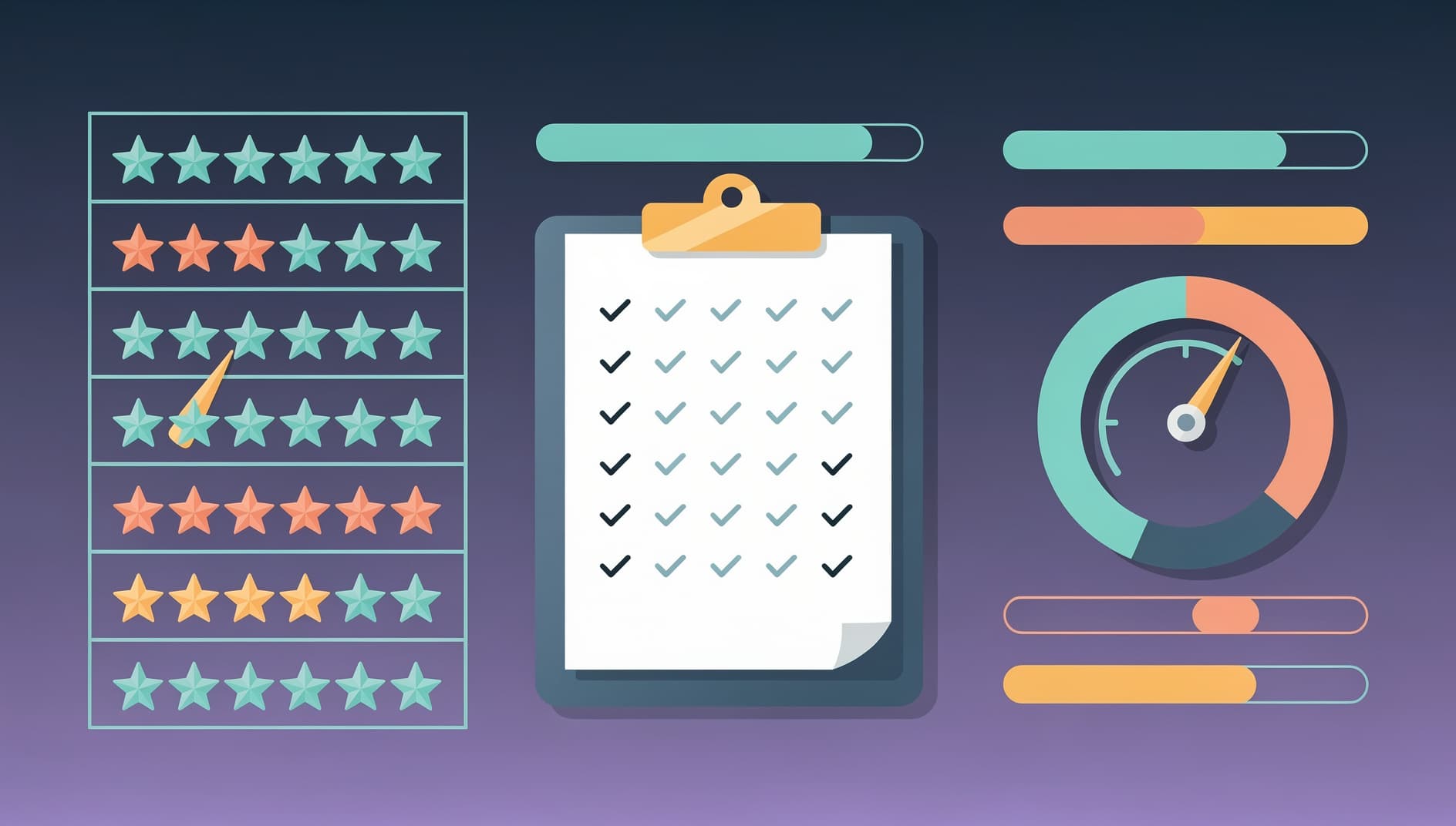 Scoring retrospective tools across categories with star ratings and a checklist